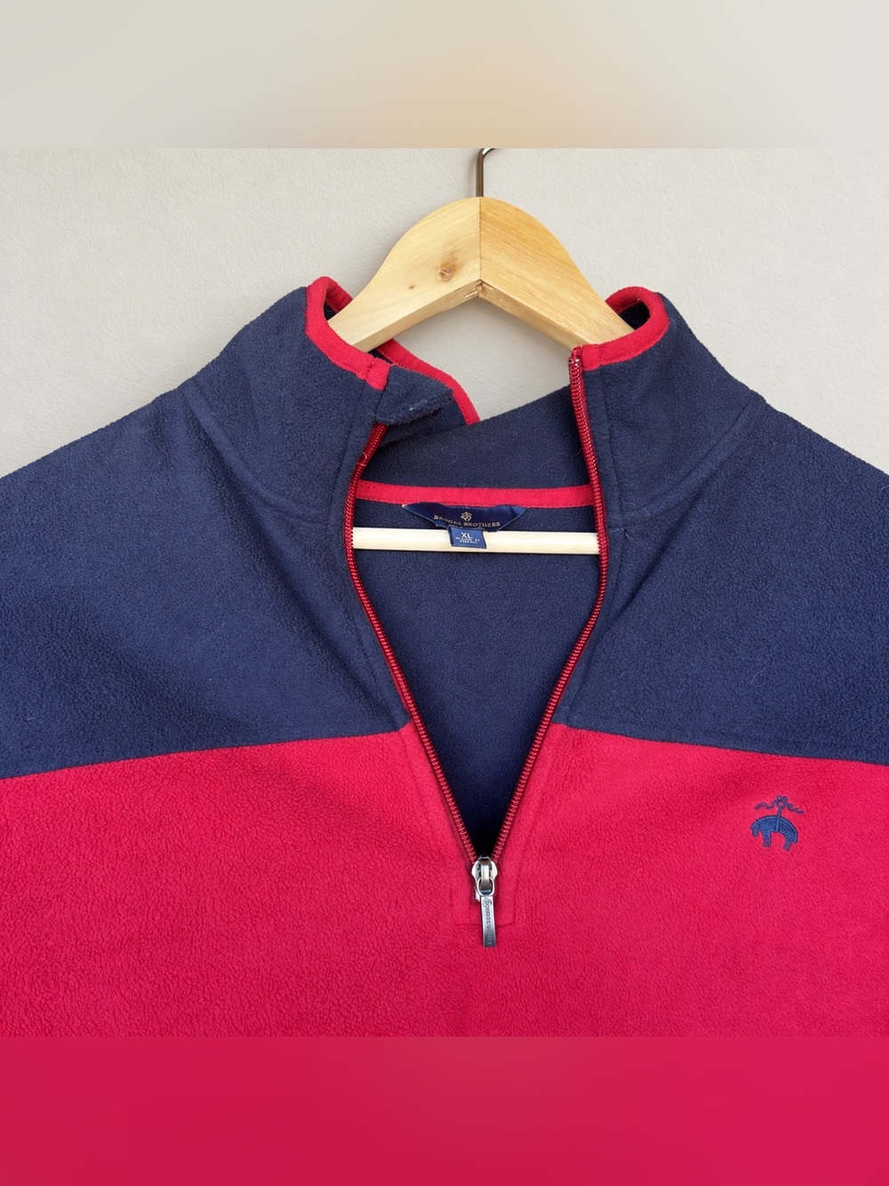 Brooks Brothers Quarter Zip Fleece Pullover Sweater Mens XL Red Navy Blue Fleece